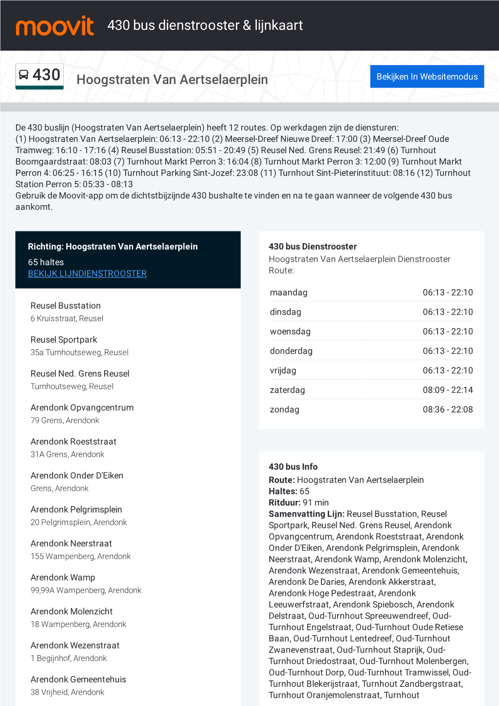 430 Bus Dienstrooster & Lijnroutekaart