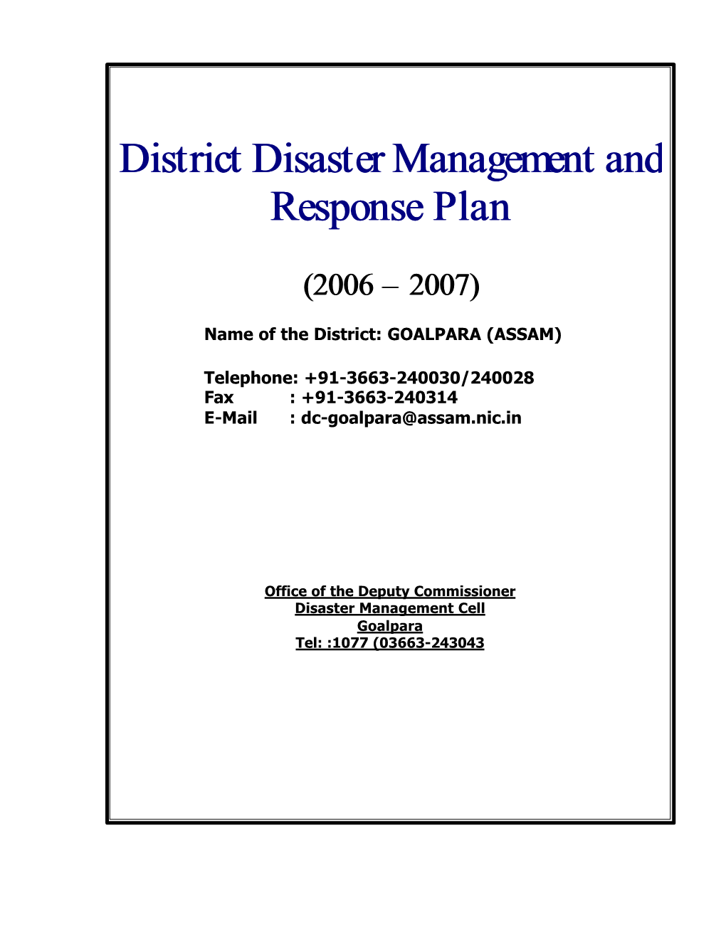 District Disaster Management and Response Plan