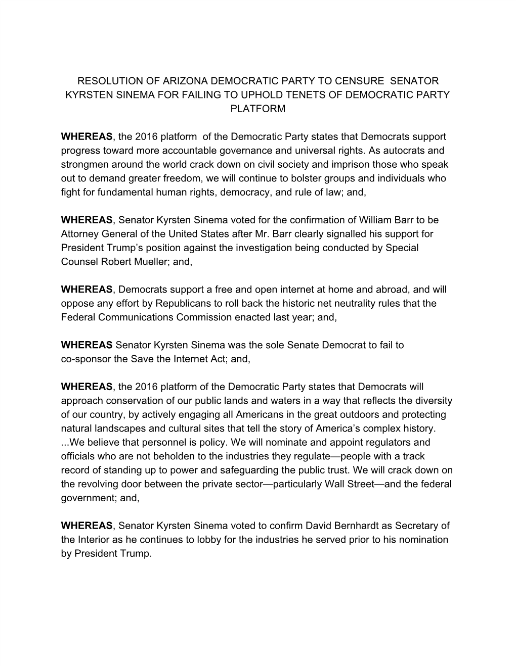 Resolution of Arizona Democratic Party to Censure Senator Kyrsten Sinema for Failing to Uphold Tenets of Democratic Party Platform