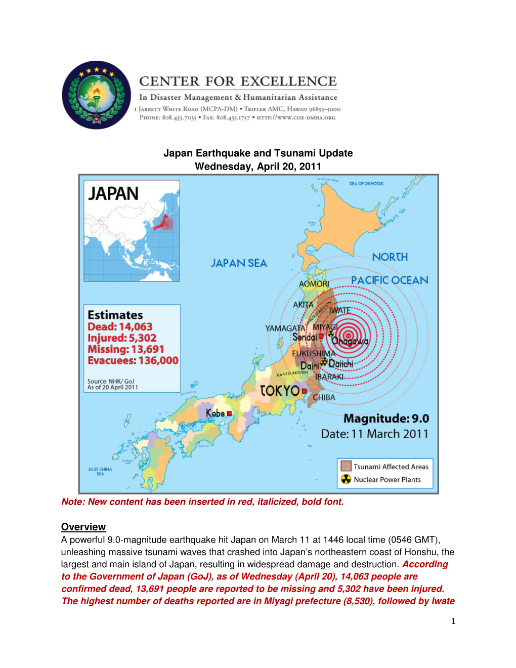 Japan Earthquake and Tsunami Update Wednesday, April 20, 2011