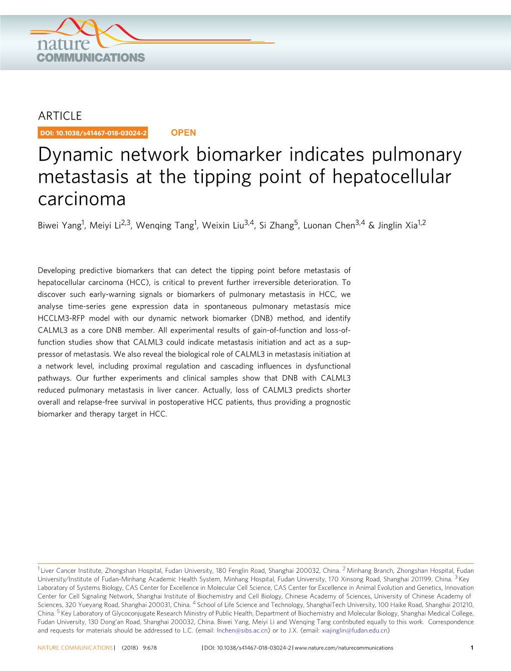Dynamic Network Biomarker Indicates Pulmonary Metastasis at the Tipping Point of Hepatocellular Carcinoma