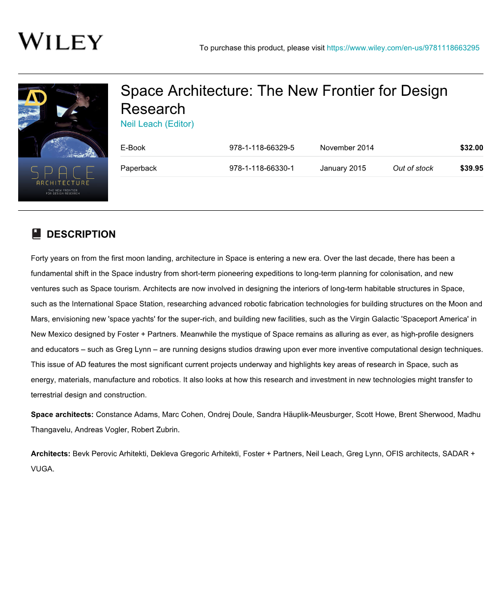 Space Architecture: the New Frontier for Design Research Neil Leach (Editor)
