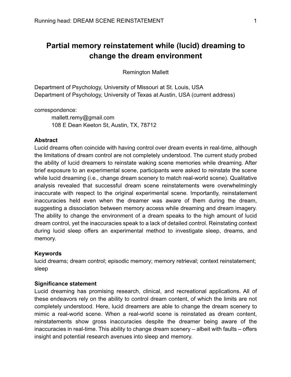 Partial Memory Reinstatement While (Lucid) Dreaming to Change the Dream Environment