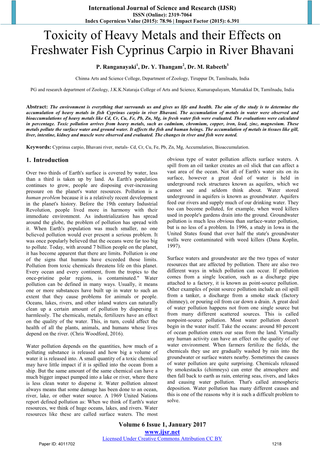 Toxicity of Heavy Metals and Their Effects on Freshwater Fish Cyprinus Carpio in River Bhavani