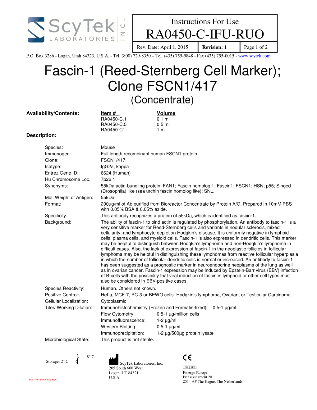 RA0450-C-IFU-RUO Fascin-1 (Reed-Sternberg Cell Marker); Clone FSCN1/417