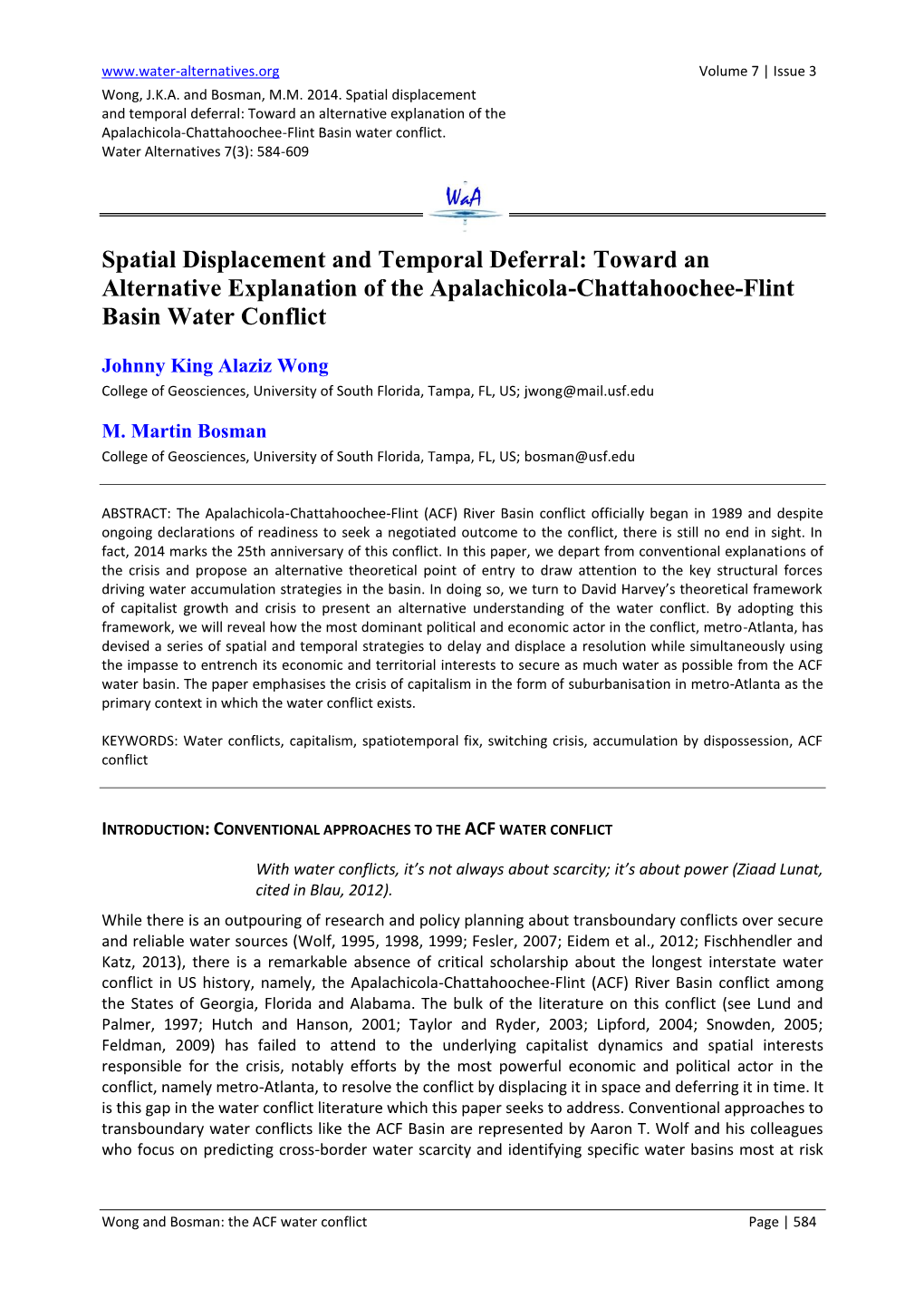 Spatial Displacement and Temporal Deferral: Toward an Alternative Explanation of the Apalachicola-Chattahoochee-Flint Basin Water Conflict