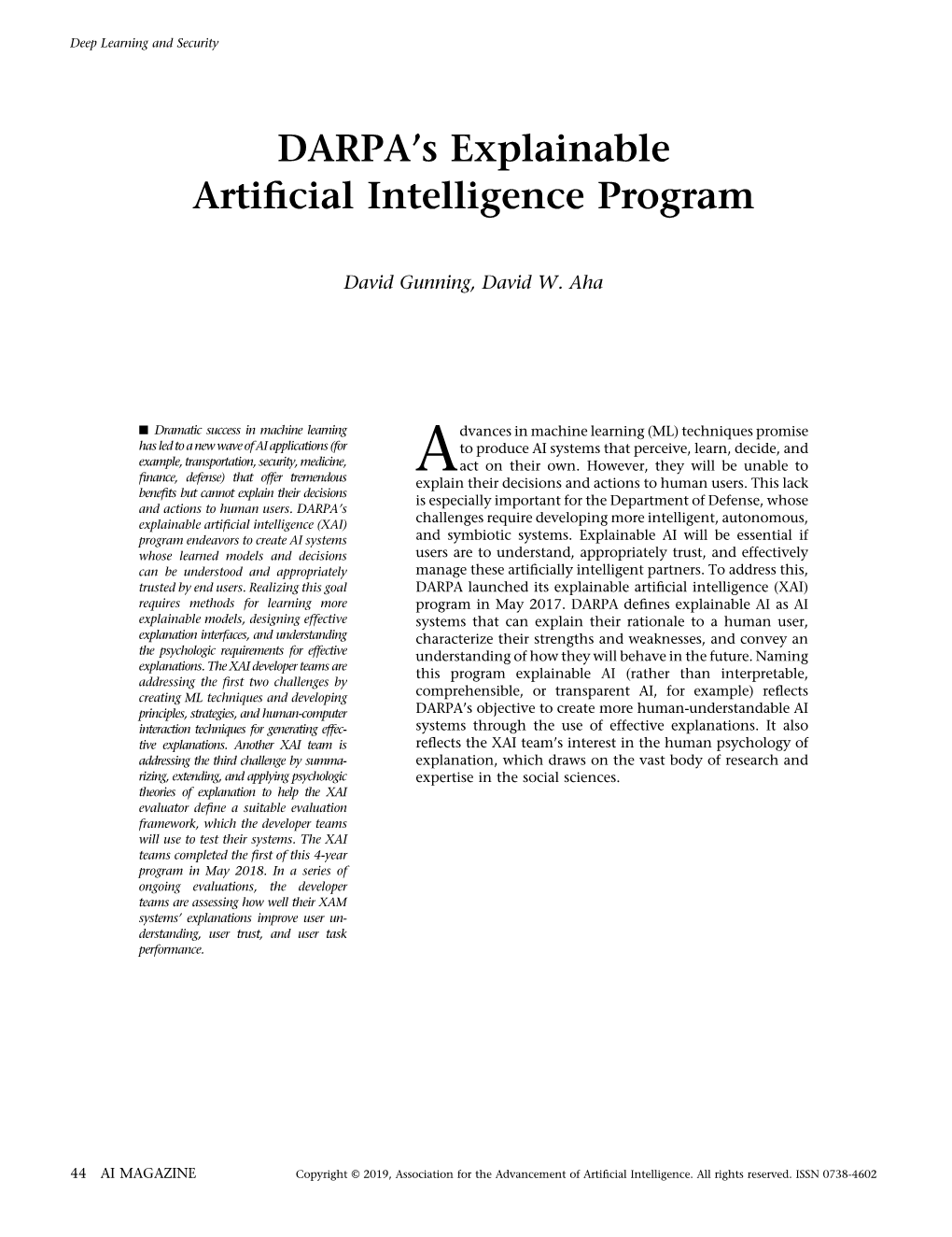 DARPA's Explainable Artificial Intelligence Program