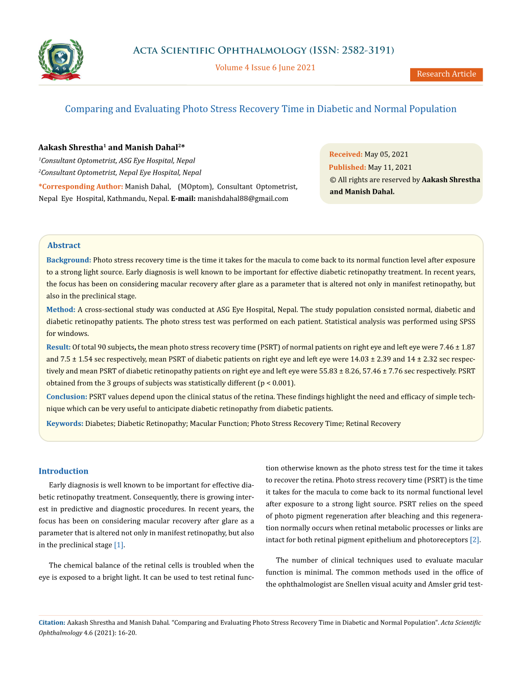 Comparing and Evaluating Photo Stress Recovery Time in Diabetic and Normal Population