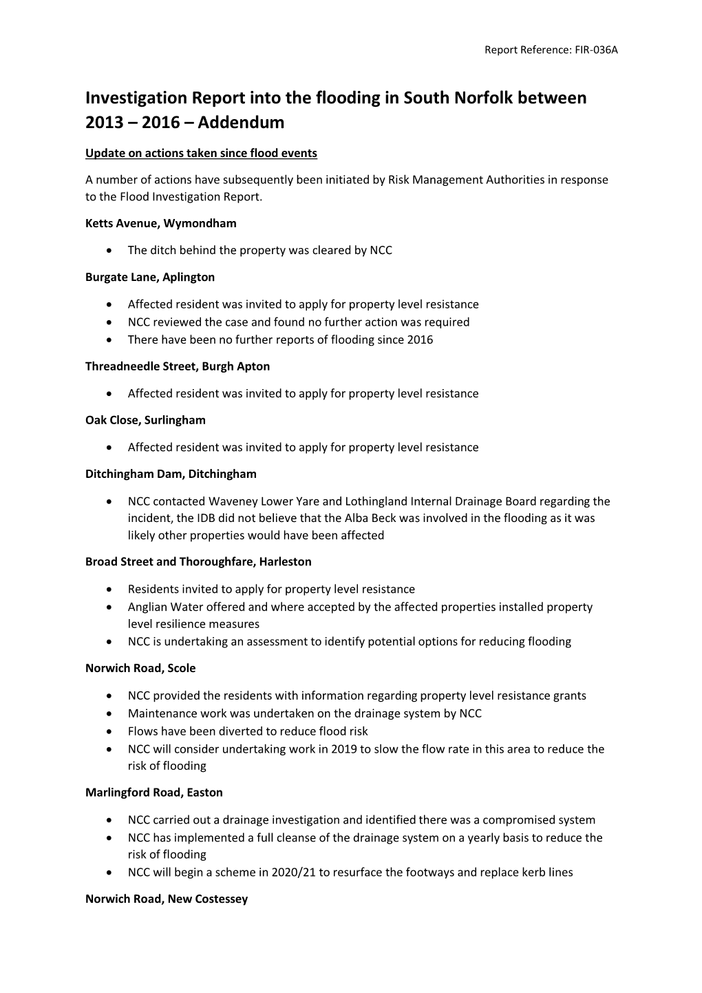 Investigation Report Into the Flooding in South Norfolk Between 2013 – 2016 – Addendum