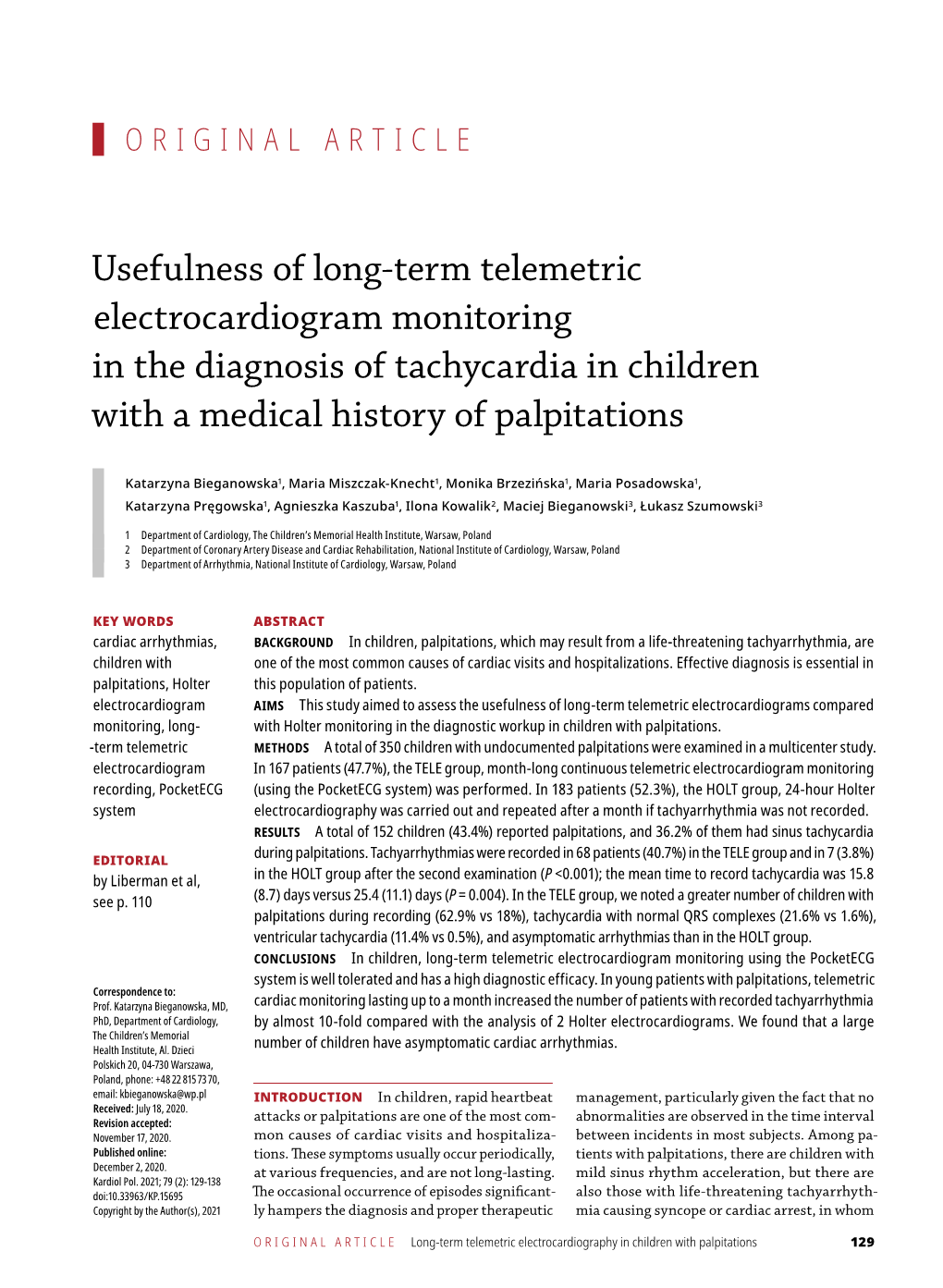 Term Telemetric Electrocardiogram Monitoring in the Diagnosis of Tachycardia in Children with a Medical History of Palpitations