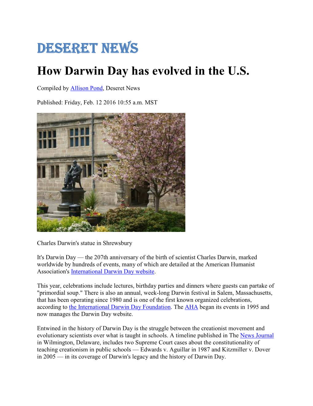 Deseret News How Darwin Day Has Evolved in the U.S