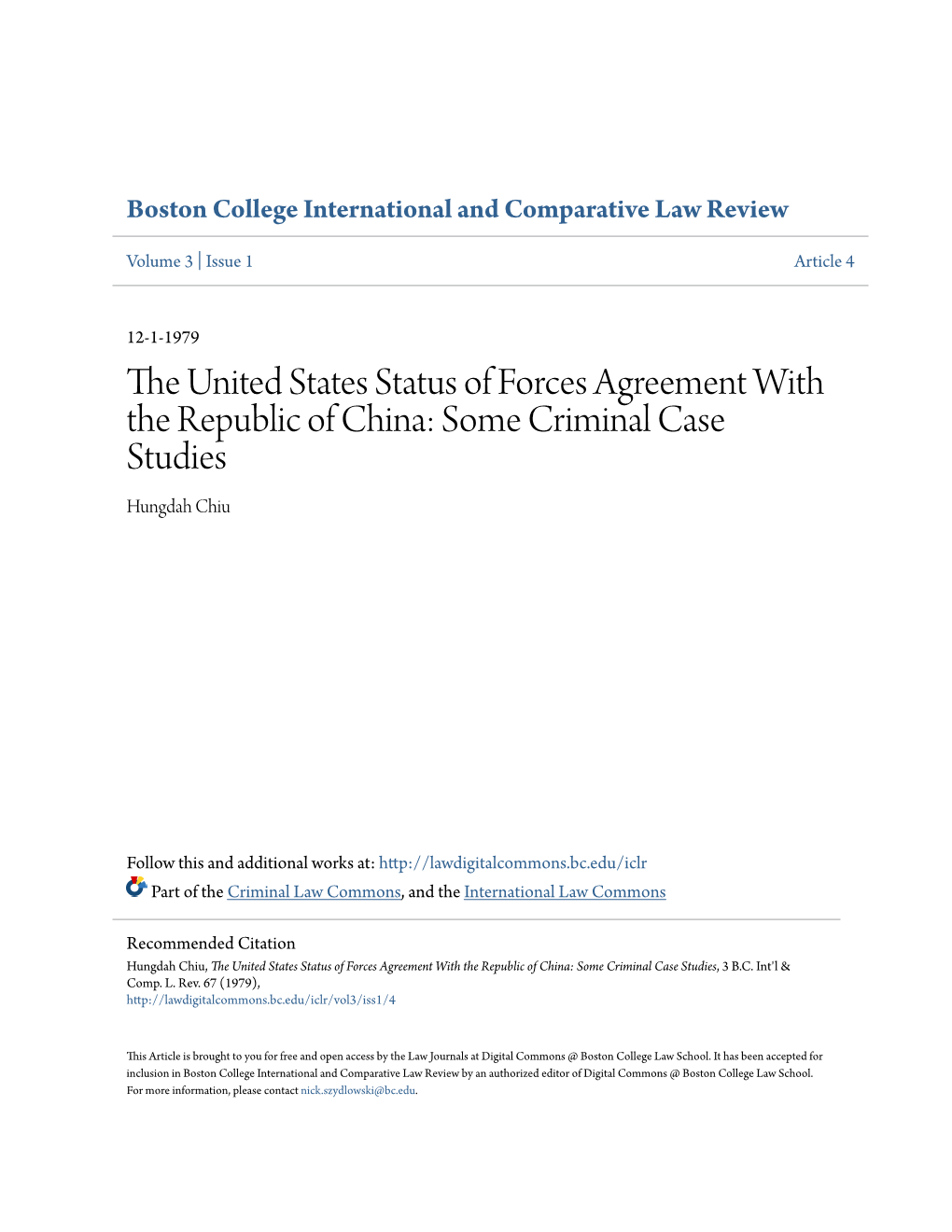 The United States Status of Forces Agreement with the Republic of China: Some Criminal Case Studies, 3 B.C