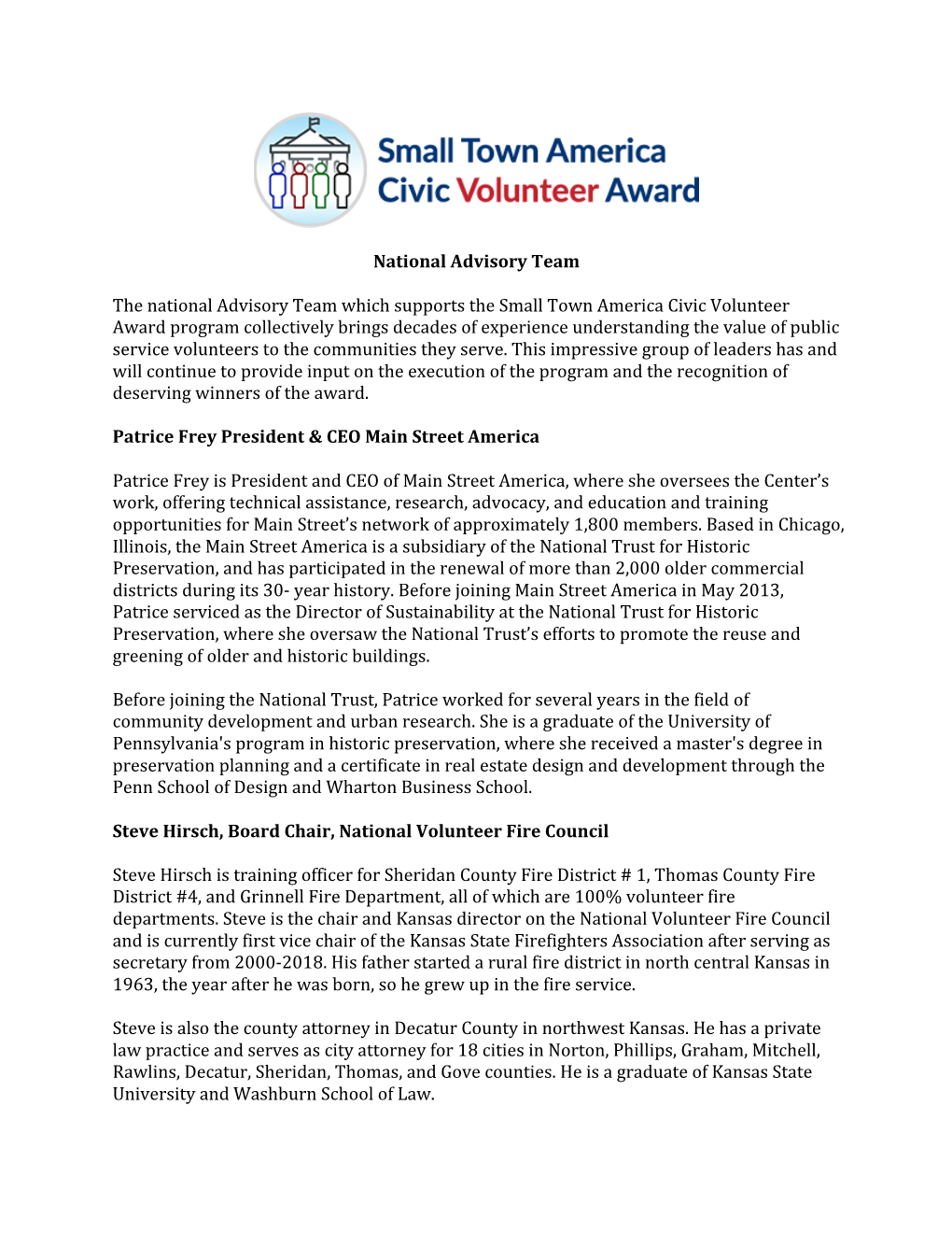 Small Town America Civic Volunteer Award Advisory Team