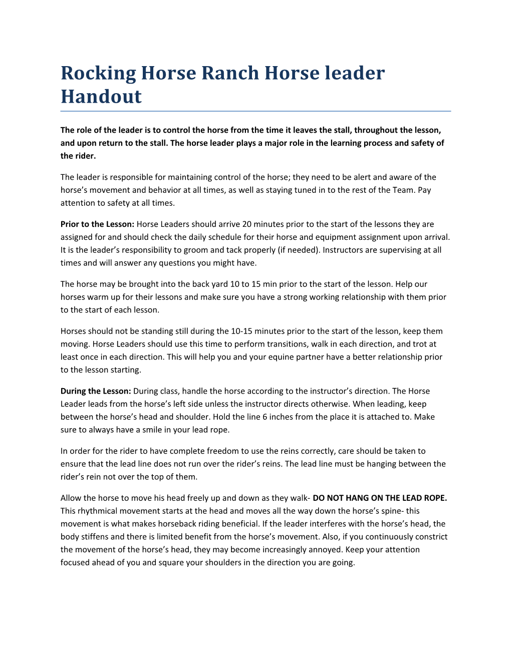 Rocking Horse Ranch Horse Leader Handout