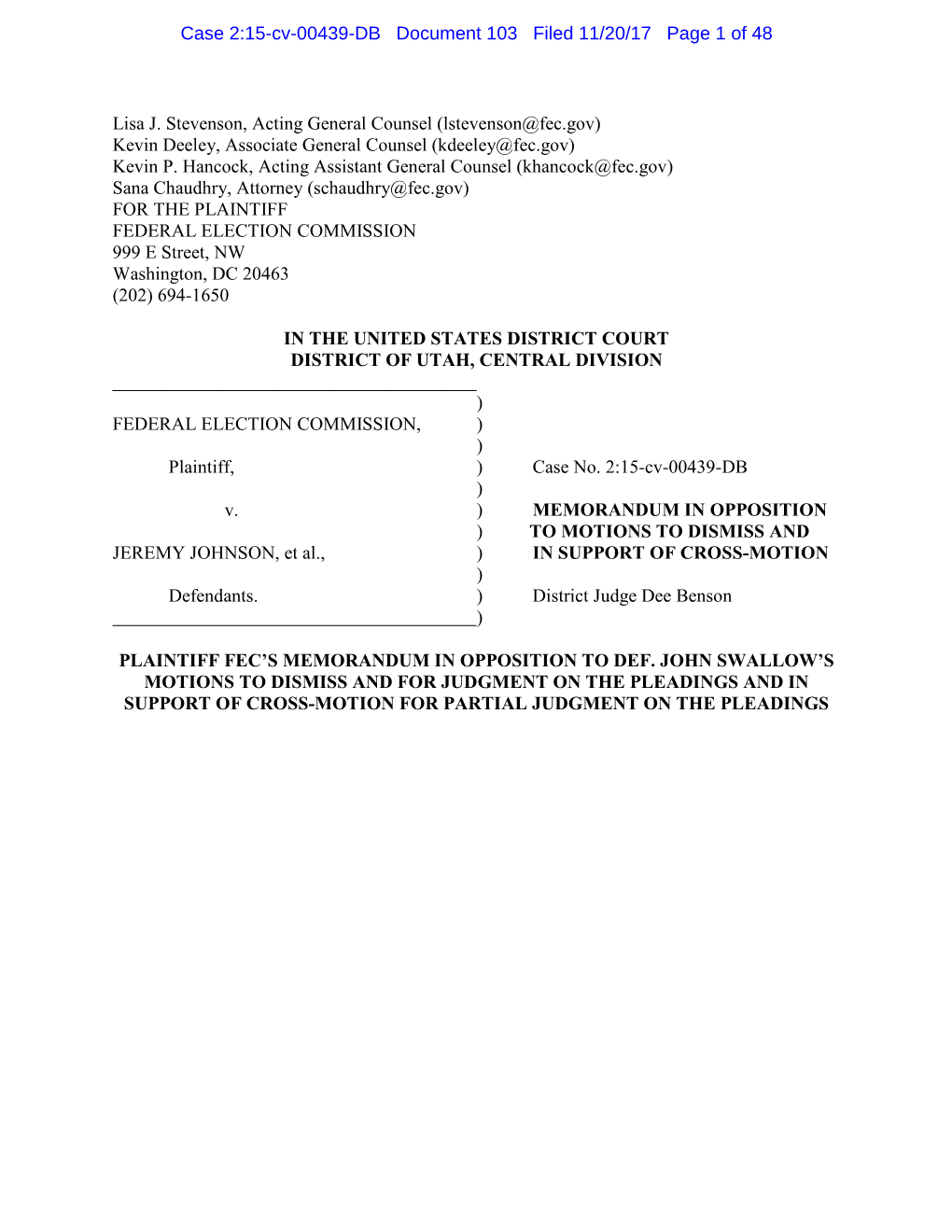 Plaintiff FEC's Memorandum in Opposition to Def. John Swallow's