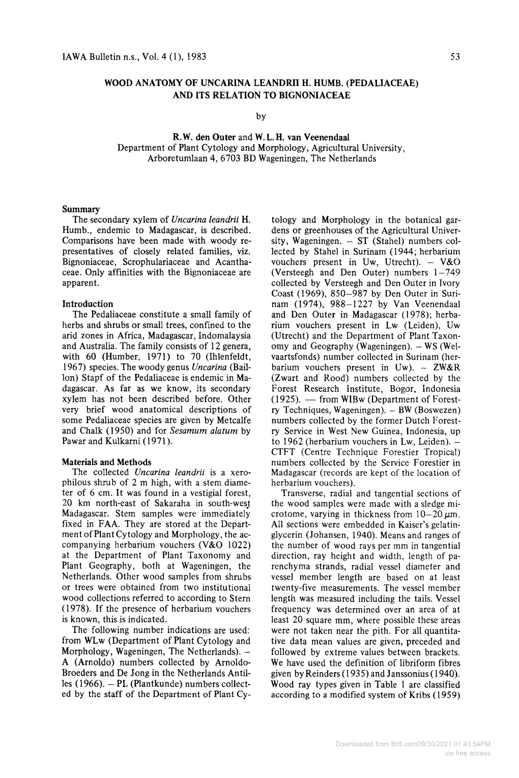 Wood Anatomy of Uncarina Leandrii H. Humb.(Pedaliaceae) and Its