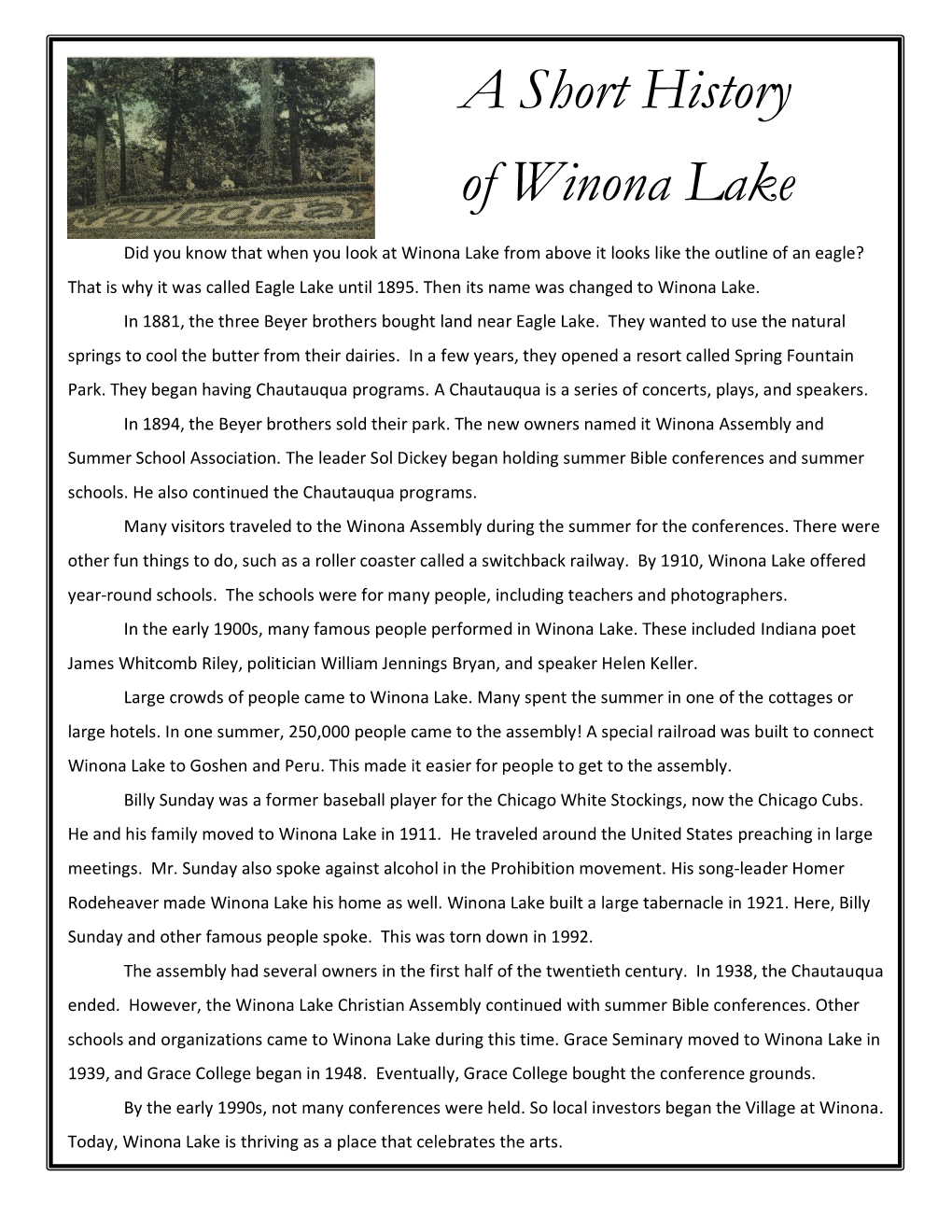 A Short History of Winona Lake