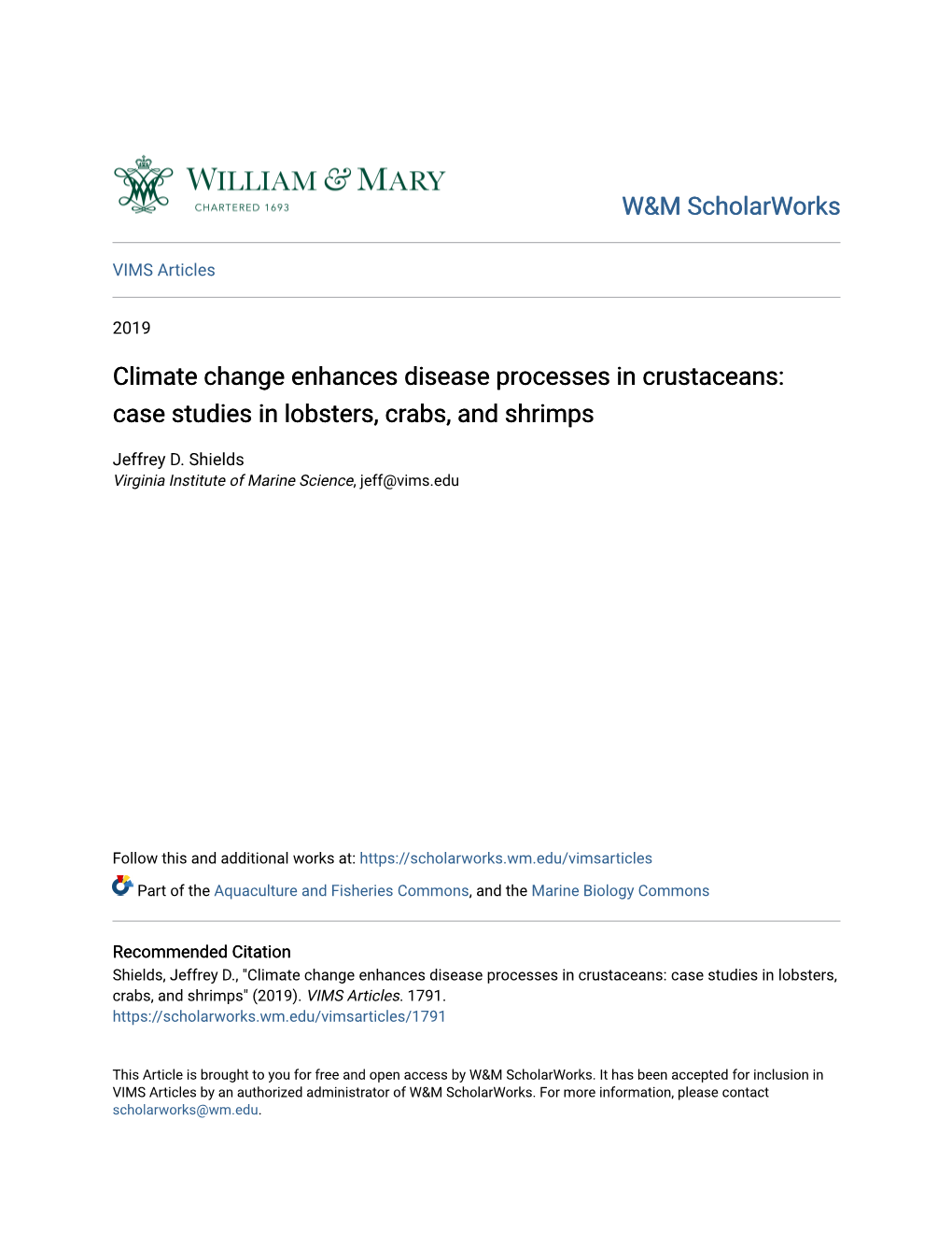 Climate Change Enhances Disease Processes in Crustaceans: Case Studies in Lobsters, Crabs, and Shrimps