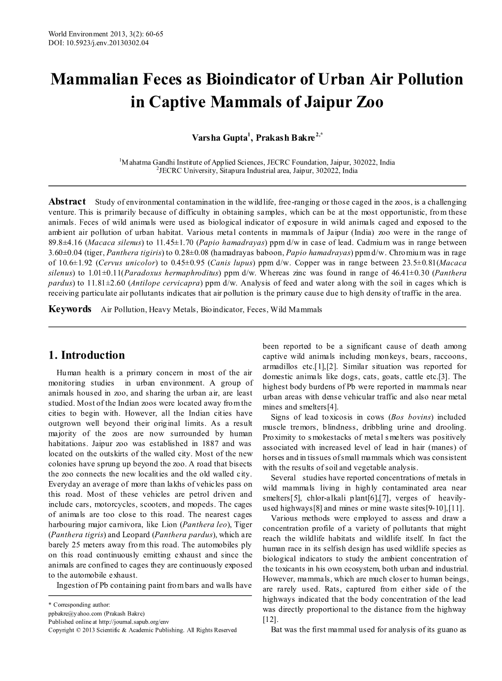 Air Pollution, Heavy Metals, Bioindicator, Feces, Wild Mammals