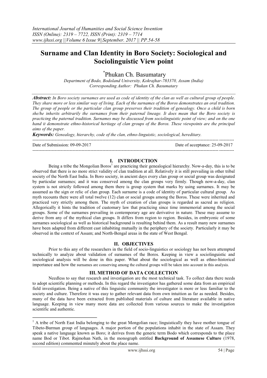 Surname and Clan Identity in Boro Society: Sociological and Sociolinguistic View Point