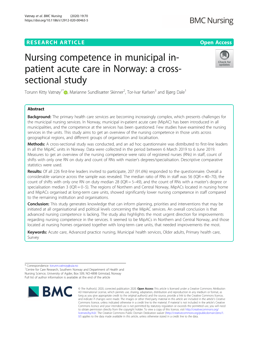 Nursing Competence in Municipal In-Patient Acute Care in Norway: a Cross-Sectional Study