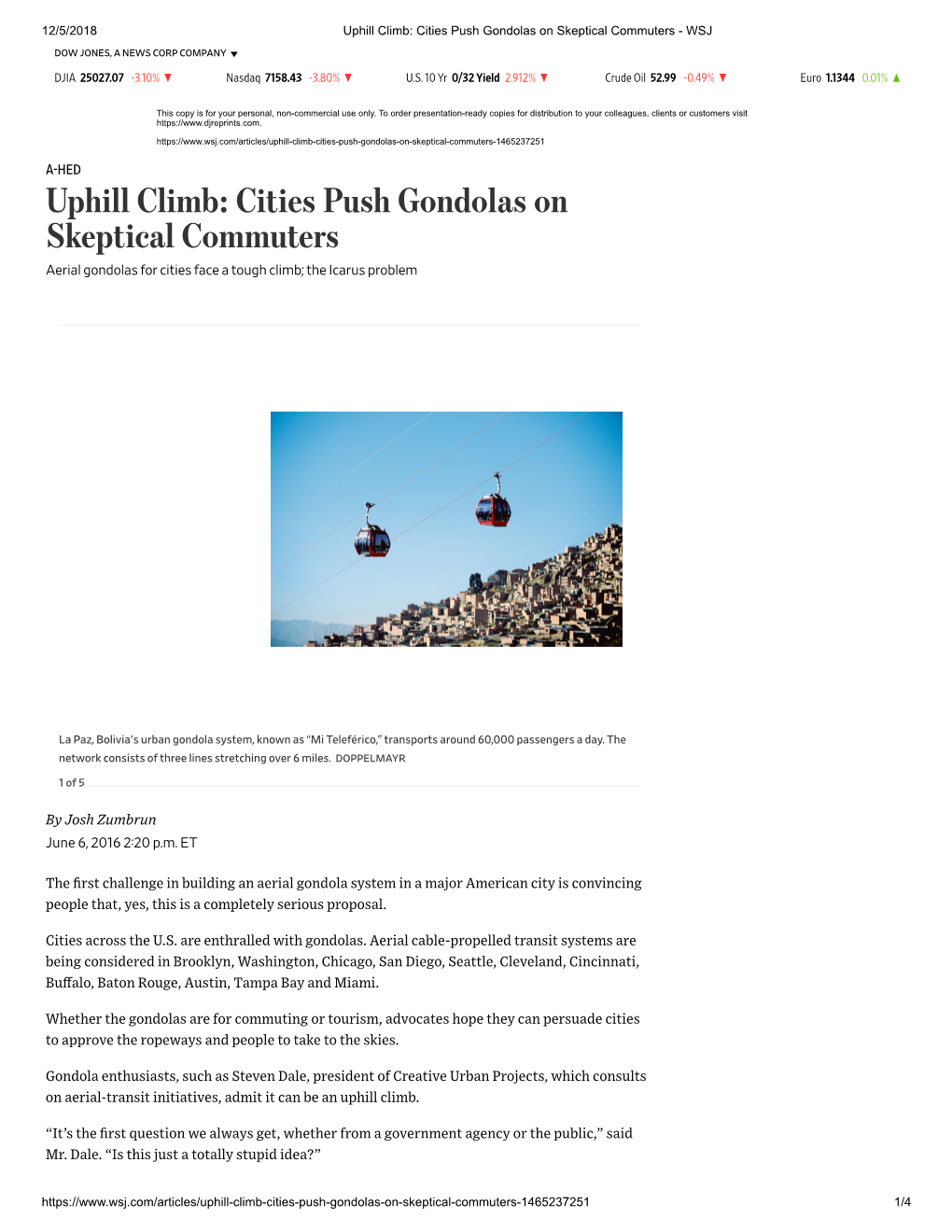 Uphill Climb: Cities Push Gondolas on Skeptical Commuters - WSJ