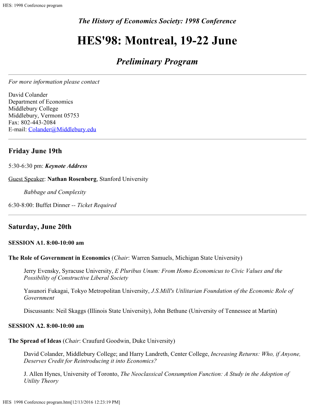 HES: 1998 Conference Program