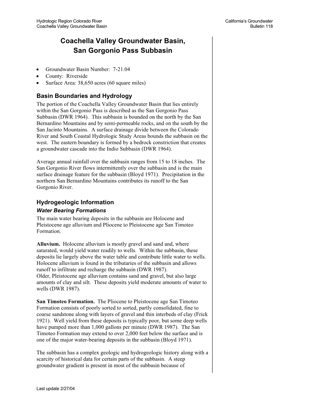 Coachella Valley Groundwater Basin, San Gorgonio Pass Subbasin