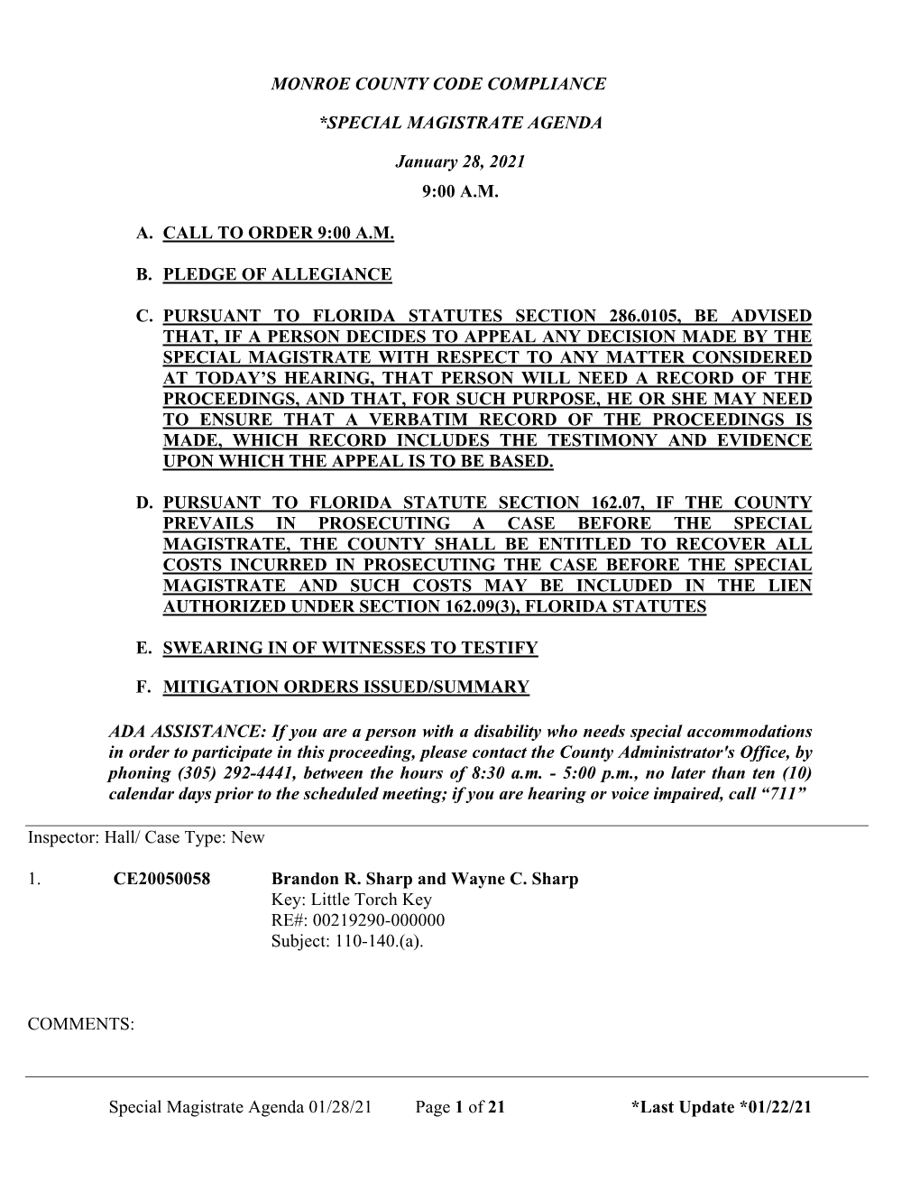 Special Magistrate Agenda 01/28/21 Page 1 of 21 *Last Update *01/22/21