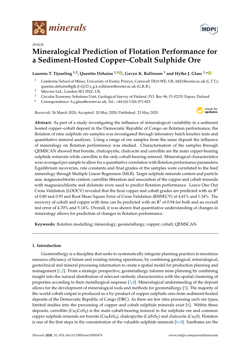 Mineralogical Prediction of Flotation Performance for a Sediment-Hosted Copper–Cobalt Sulphide Ore