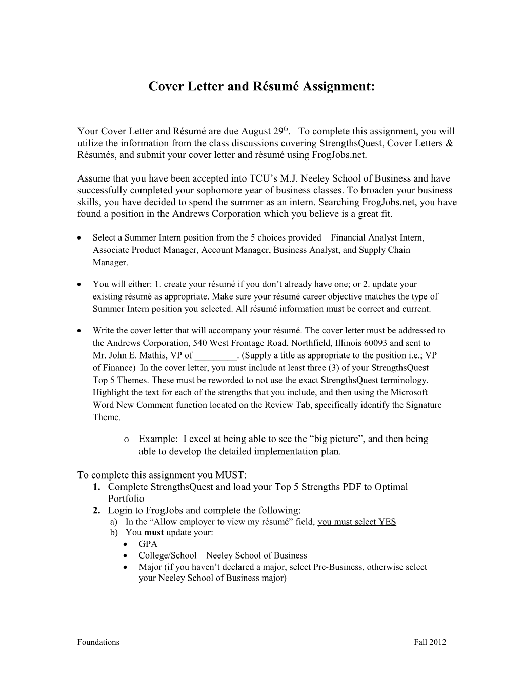 Cover Letter and Résumé Assignment s1