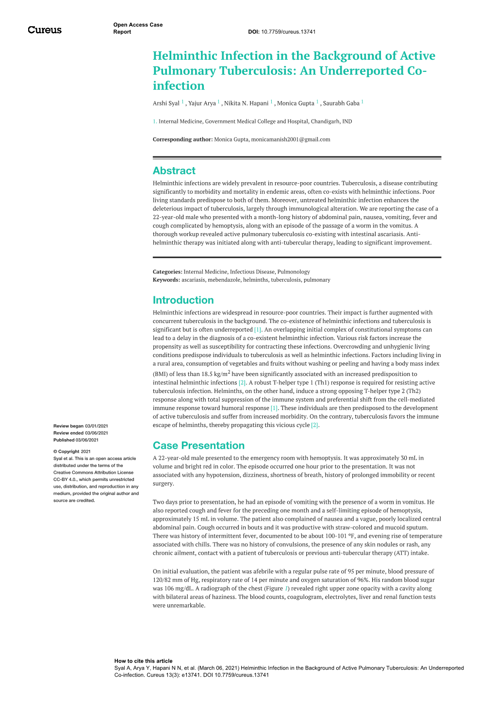 Helminthic Infection in the Background of Active Pulmonary Tuberculosis: an Underreported Co- Infection