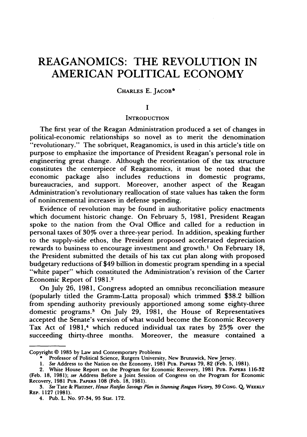 Reaganomics: the Revolution in American Political Economy