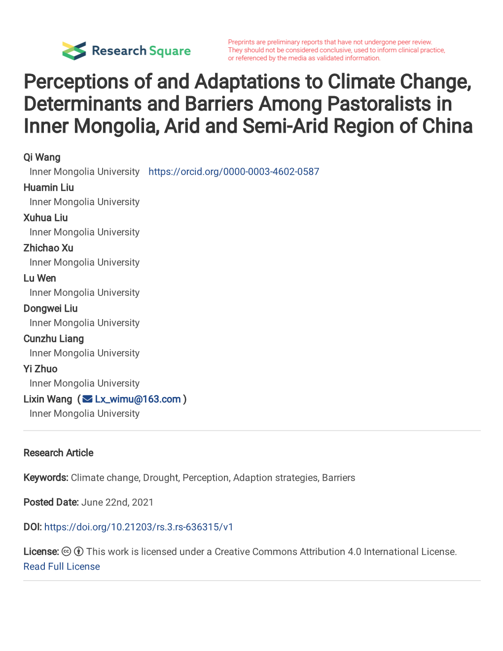 Perceptions of and Adaptations to Climate Change, Determinants and Barriers Among Pastoralists in Inner Mongolia, Arid and Semi-Arid Region of China