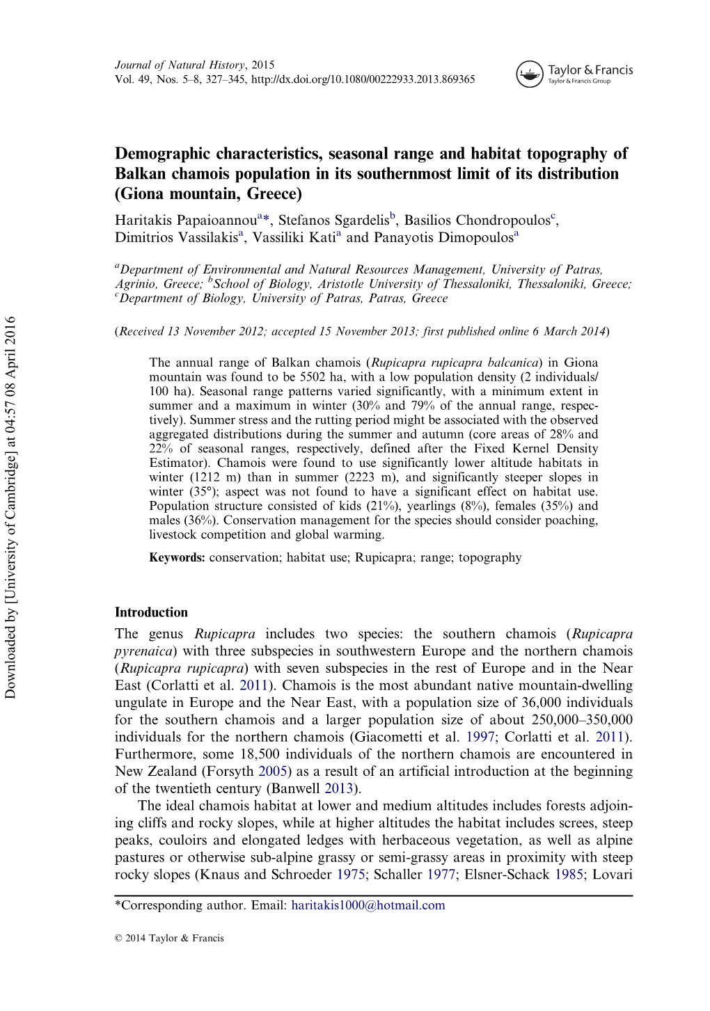 Demographic Characteristics, Seasonal Range and Habitat