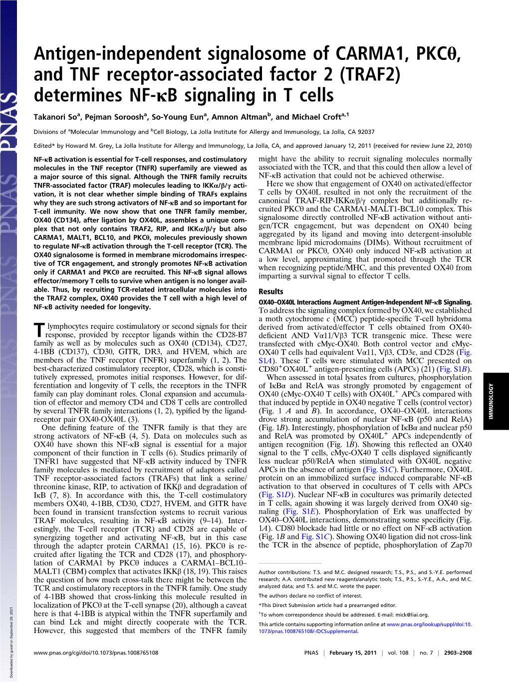 Determines NF-Κb Signaling in T Cells