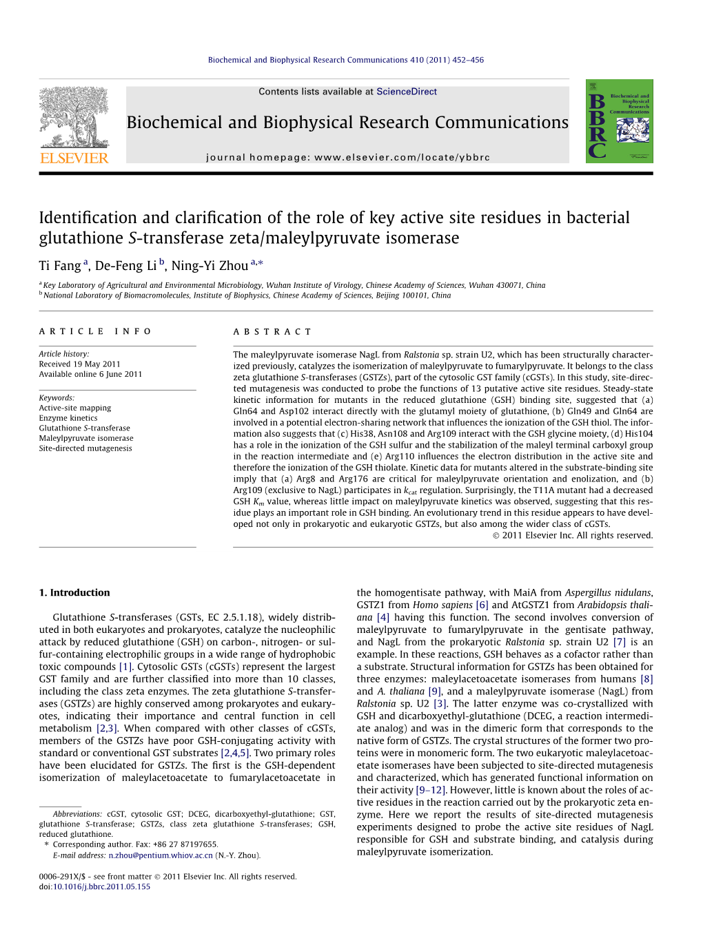 Identification and Clarification of the Role of Key Active Site Residues in Bacterial Glutathione S-Transferase Zeta/Maleylpyruv