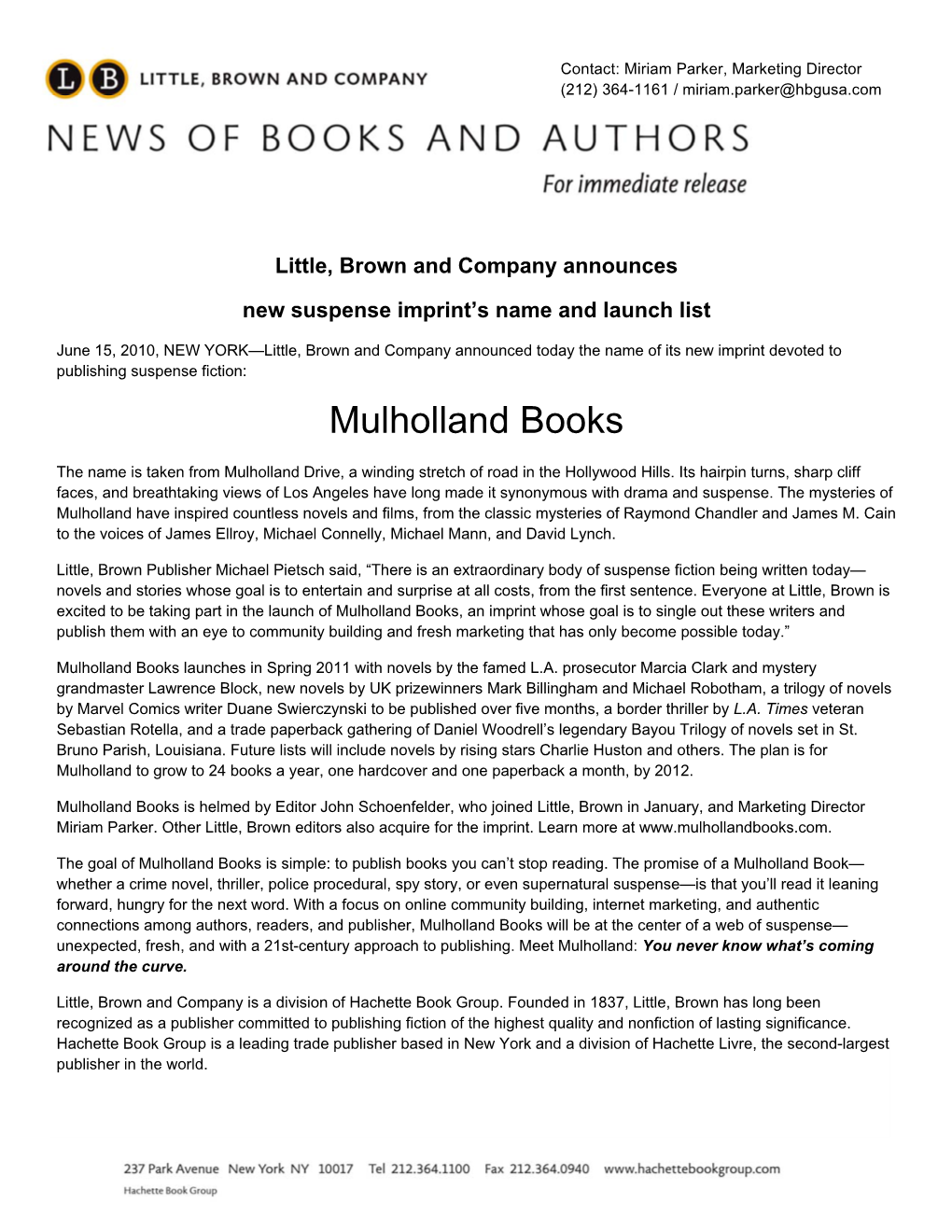 Mulholland Books Launch Press Release