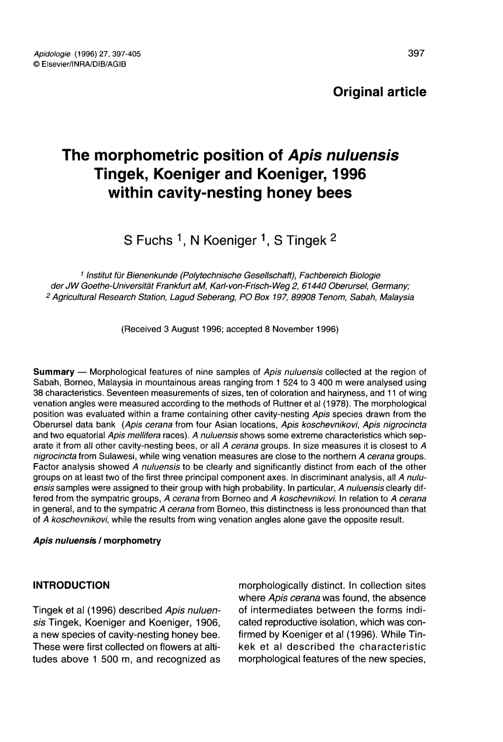 The Morphometric Position of Apis Nuluensis Tingek, Koeniger and Koeniger, 1996 Within Cavity-Nesting Honey Bees