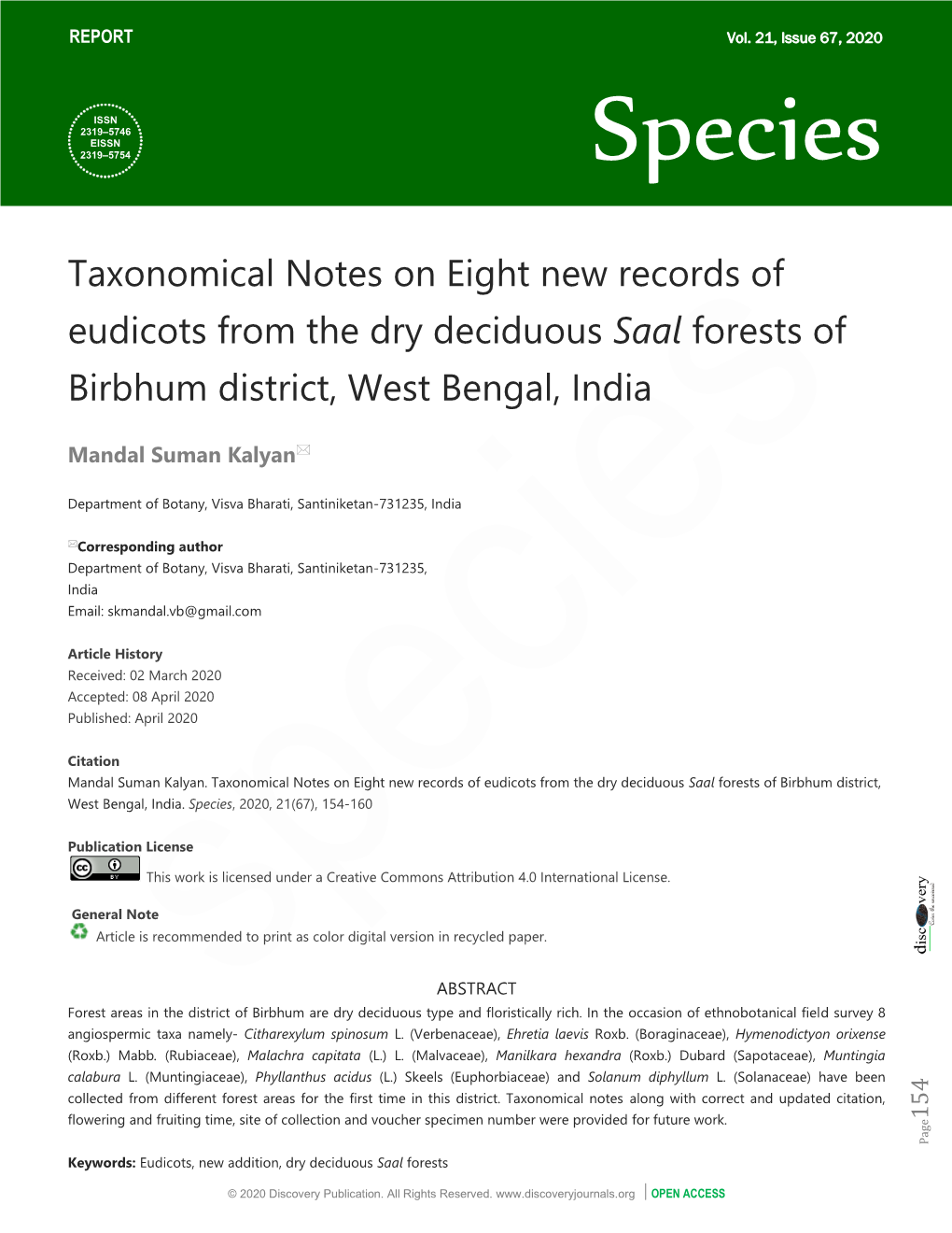 Taxonomical Notes on Eight New Records of Eudicots from the Dry Deciduous Saal Forests of Birbhum District, West Bengal, India