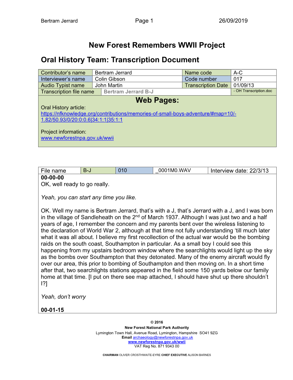 New Forest Remembers WWII Project Oral History Team: Transcription Document