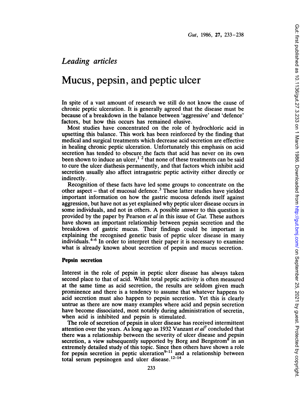 Mucus, Pepsin, and Peptic Ulcer