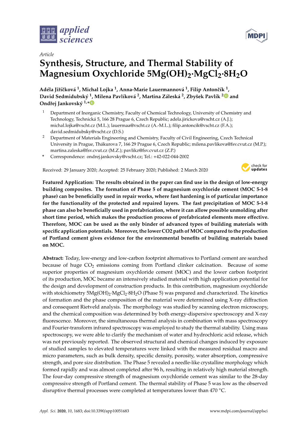 Synthesis, Structure, and Thermal Stability of Magnesium Oxychloride 5Mg(OH)2·Mgcl2·8H2O