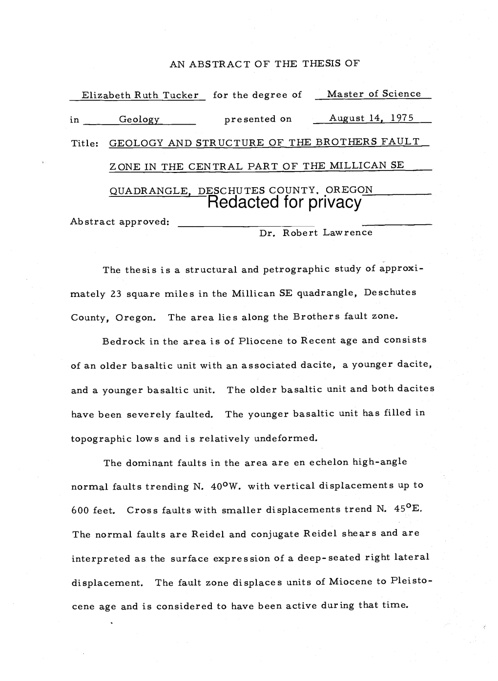Geology and Structure of the Brothers Fault Zone in the Central Part of the Millican SE Quadrangle, Deschutes County, Oregon by Elizabeth Ruth Tucker