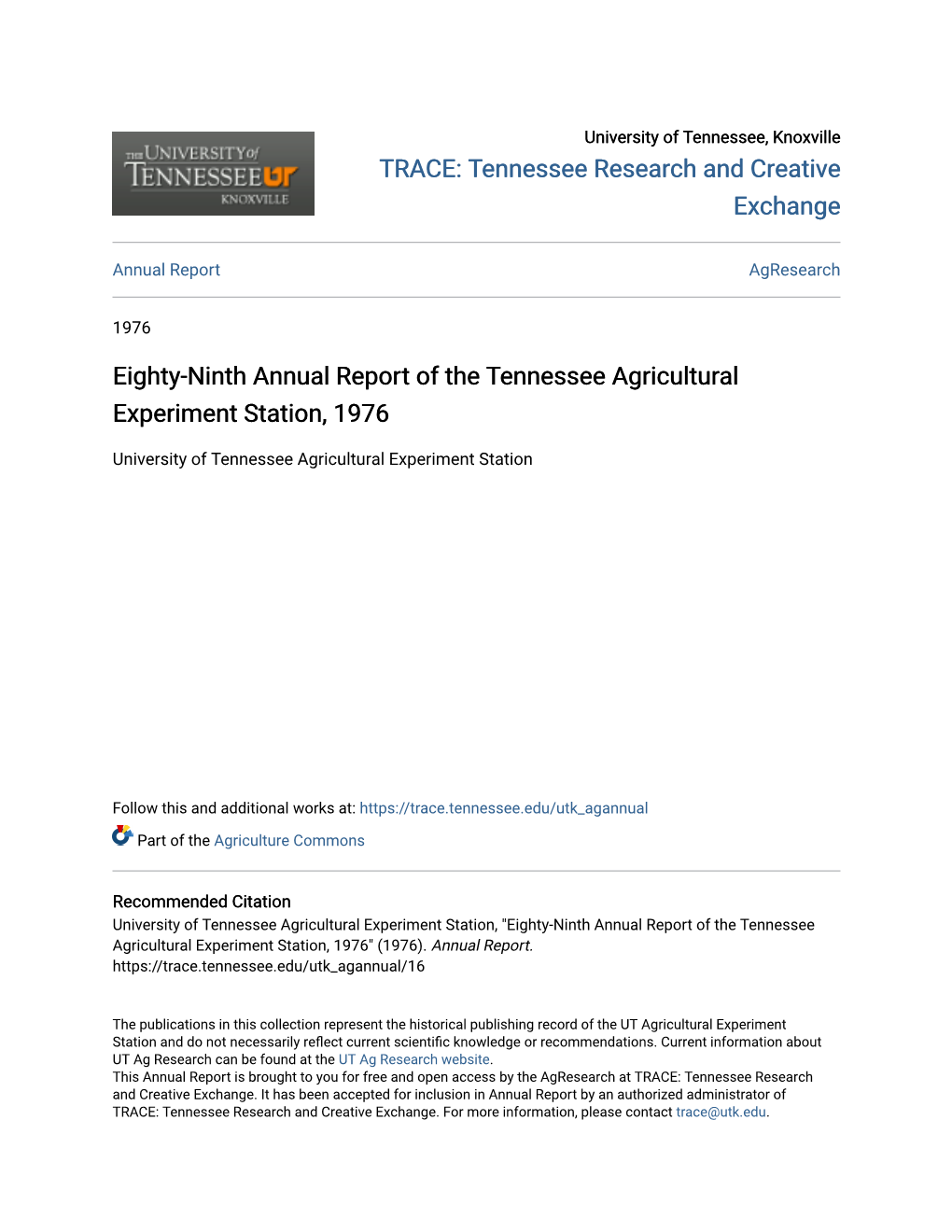 Eighty-Ninth Annual Report of the Tennessee Agricultural Experiment Station, 1976