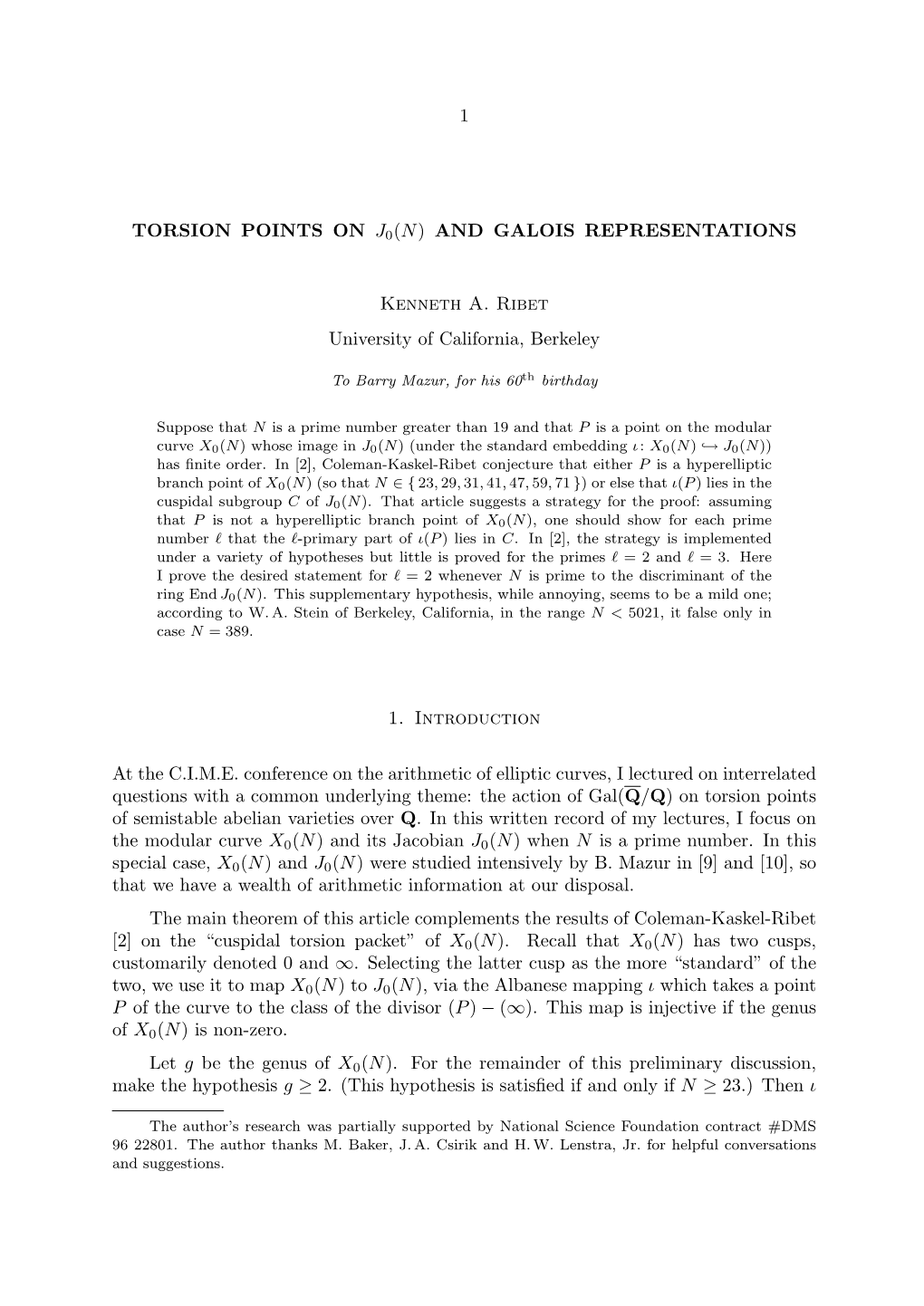 1 Torsion Points on J0(N) and Galois