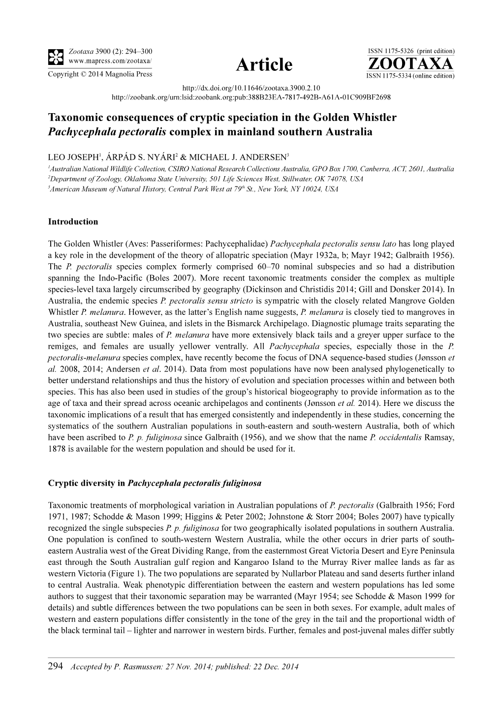 Taxonomic Consequences of Cryptic Speciation in the Golden Whistler Pachycephala Pectoralis Complex in Mainland Southern Australia