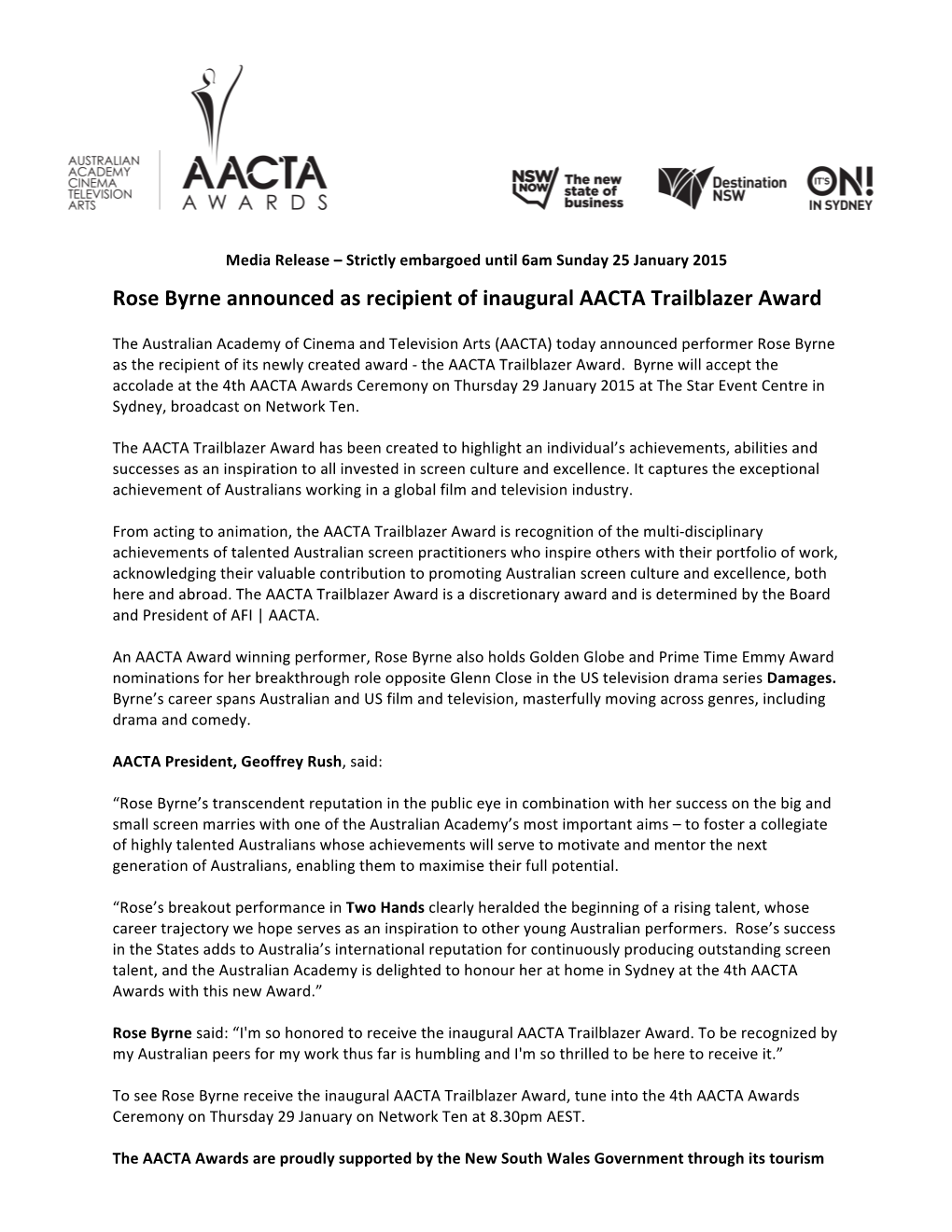 Rose Byrne Announced As Recipient of Inaugural AACTA Trailblazer Award
