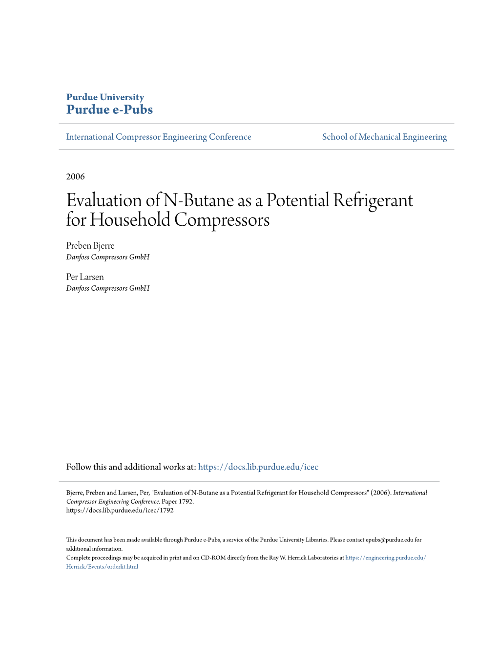 Evaluation of N-Butane As a Potential Refrigerant for Household Compressors Preben Bjerre Danfoss Compressors Gmbh