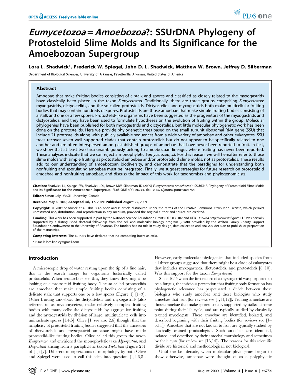 Ssurdna Phylogeny of Protosteloid Slime Molds and Its Significance for the Amoebozoan Supergroup